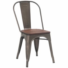 Bistro Style Metal Chair in Dark Grey Finish and Walnut Wood Seat