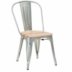 Bistro Style Metal Chair in Silver Finish and Natural Wood Seat