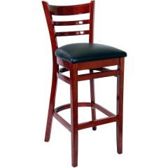 Ladder Back Bar Stool - Mahogany Finish with a Black Vinyl Seat