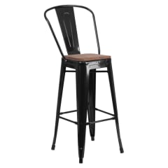 Bistro Style Black Metal Bar Stool with Walnut Wood Seat