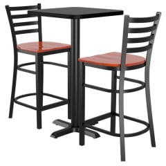 Bar Stools shown with Mahogany Wood Seat. Table Top in Black / Mahogany Finish.