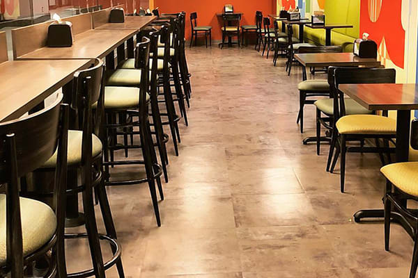 Restaurant wood chairs, bar stools and table tops