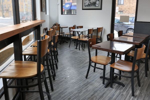 Restaurant metal chairs and bar stools with wood back and seat