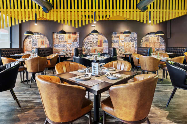 Layered ambient lighting restaurant interior