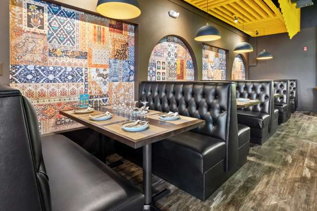 Indian restaurant materials wood upholstery seating