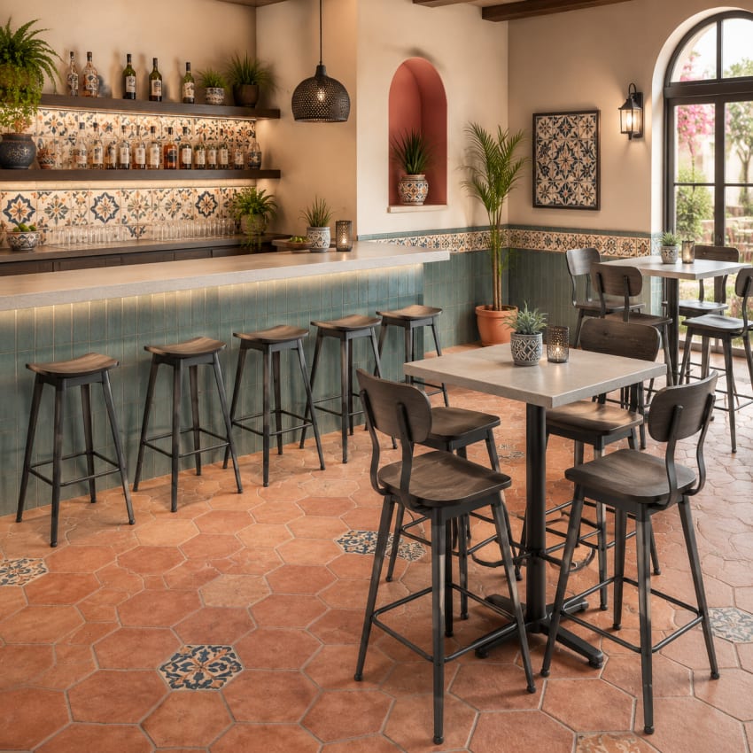 Cantina seating and bar areas in a Mexican restaurant