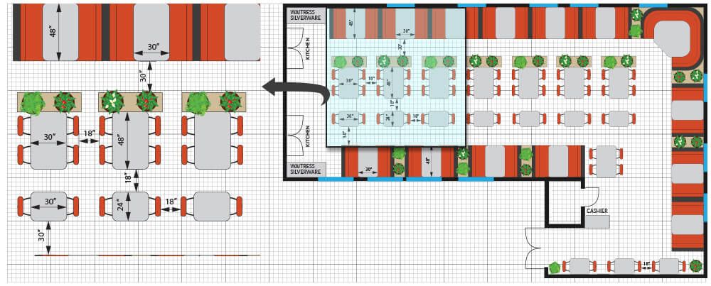 restaurant furniture spacing floor plans