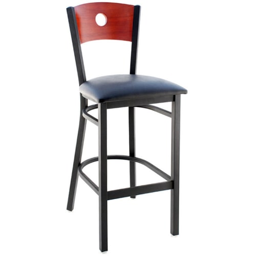 Interchangeable Back Metal Bar Stool with Circled Back - Black Frame with a Mahogany Wood Back and Black Vinyl Seat