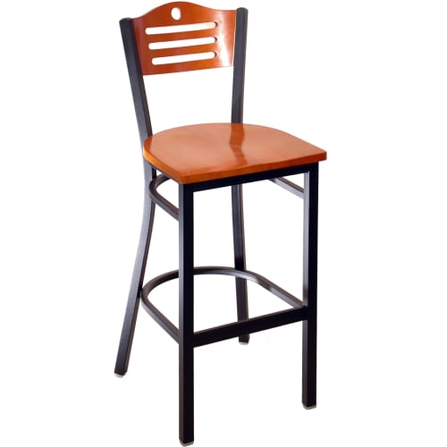 Interchangeable Back Metal Bar Stool with Slats & Circle - Black Finish with a Cherry Wood Back and Seat