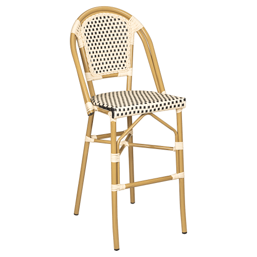 Aluminum Bamboo Patio Bar Stool in Black and Cream Faux Rattan