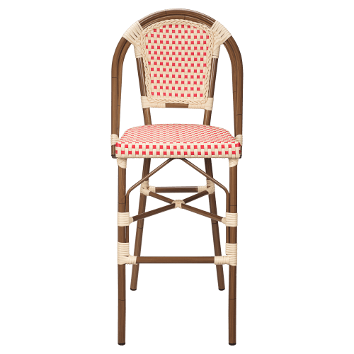 Aluminum Bamboo Patio Bar Stool With Red and Cream Rattan