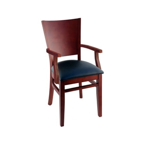 Tiffany Wood Restaurant Chair With Arms - Mahogany Finish with a Black Vinyl Seat