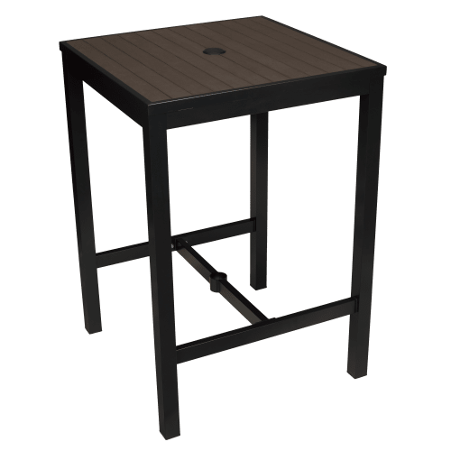 Aluminum Outdoor Bar Table in Black Finish and Dark Walnut Faux Teak
