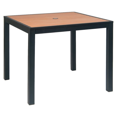 Black Aluminum Patio Table with Natural Plastic Teak Slats
