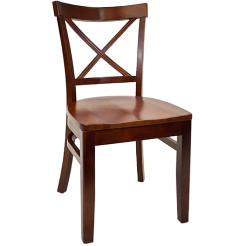 Beechwood X Back Restaurant Chair - Dark Mahogany Finish with a Wood Seat