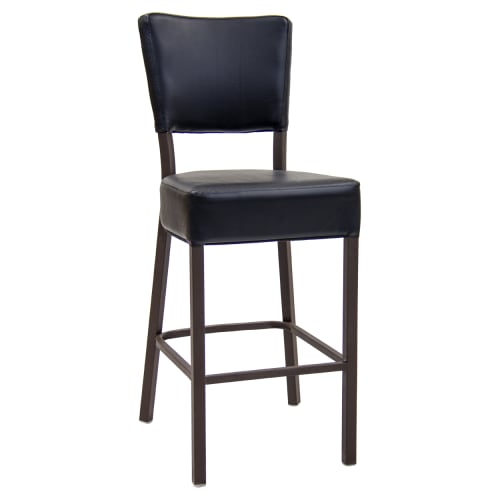 Brown Metal Bar Stool With Black Vinyl Padded Back and Seat