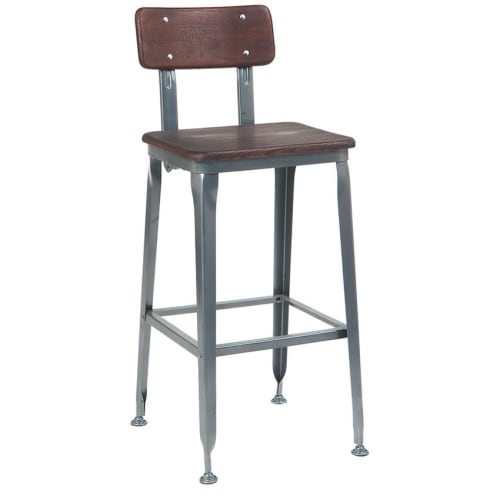 Dark Grey Industrial Style Metal Bar Stool with Wood Back and Seat in Walnut Finish