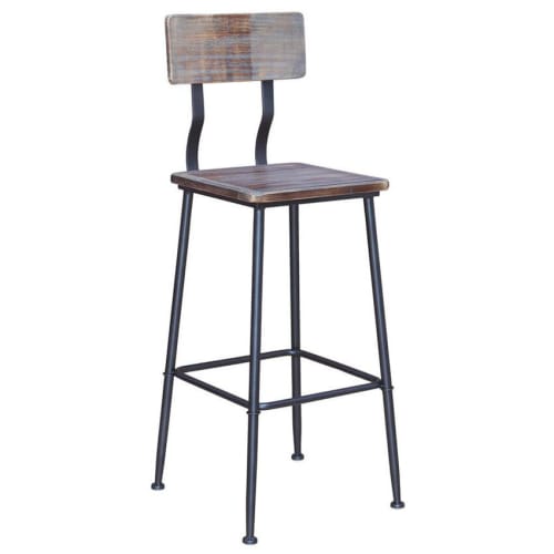Black Industrial Style Metal Bar Stool with Wood Back and Seat in Black Finish