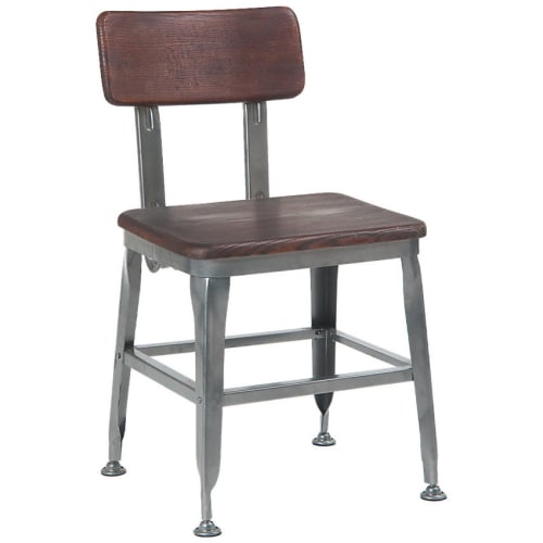 Industrial style dark grey metal chair and dark walnut finish wood back & seat