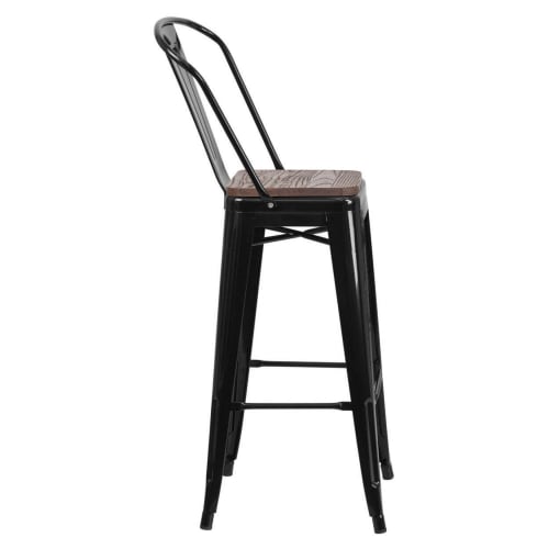 Bistro Style Black Metal Bar Stool with Walnut Wood Seat