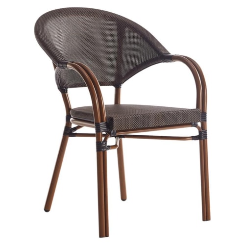 Metal Bamboo Patio Armchair with Dark Brown Rattan and Walnut Frame