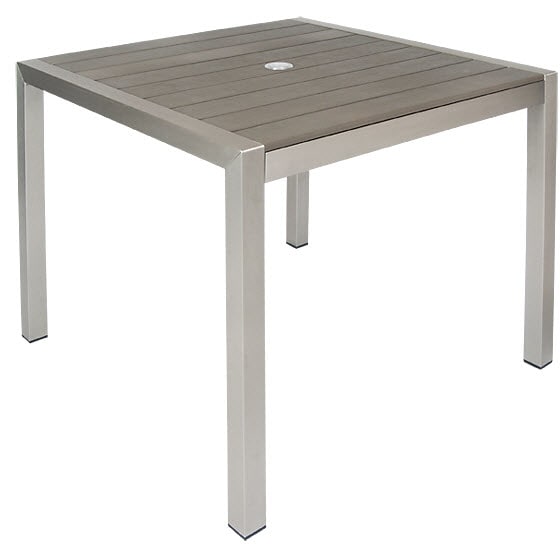 Aluminum Patio Table In Grey Color Finish With Faux Teak Slats - Is Aluminum Patio Furniture Durable