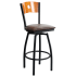 Swivel Metal Bar Stool with a Circled Back - Black Frame with a Cherry Wood Back and a Wine Vinyl Seat 