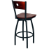 Swivel Metal Bar Stool with a Circled Back - Black Frame with a Mahogany Wood Back and Seat 