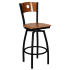 Swivel Metal Bar Stool with a Circled Back - Black Frame with a Walnut Wood Back and Seat 