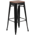 Bistro Style Black Metal Backless Bar Stool with Walnut Wood Seat