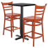 Bar Stools shown in Mahogany Finish & Mahogany Wood Seat. Table Top in Black / Mahogany Finish.