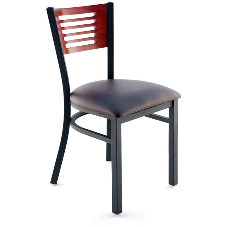 Slat Back Metal Restaurant Chair with Mahogany Wood & Black Vinyl Seat 